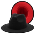 Classic two-tone wool felt fedora hat with wide flat brim and contrast color interior - M (56-58cm) / Black with Red Bottom
