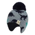 Grey knit dinosaur hat for kids with earflaps and a dark blue faux fur pompom topper - Navy Blue - MOK Label