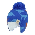 Blue kids knit earflap hat with orange dinosaur pattern and soft white fleece lining - M (1-3 Years) / Royal Blue - MOK Label