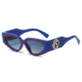 Cat eye sunglasses in navy blue with red trim and golden S metal logo on temple - Blue Frame Grey Lens
