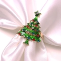Christmas tree napkin ring with green enamel and multi-colored rhinestones on white silk - Green Enamel Christmas Tree