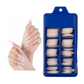 Long clear coffin press-on nails shown on hand with blue plastic storage box - 100 Pieces / Sakura Pink