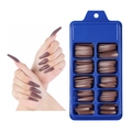 Dark brown long coffin press on nails in a blue storage box shown on model's hand - 100 Pieces / Dark Coffee