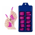 Long magenta coffin press on nails displayed on hand and in blue storage case - 100 Pieces / Mystical Purple