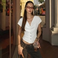 Slim fit white short sleeve top with draped V-neck and button details for women - S / White