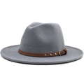 Detail of grey wool felt fedora featuring a brown leather belt with gold metal studs - Gray