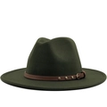 Classic olive green wool fedora hat with wide brim and decorative brown leather band - Army Green