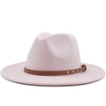 Detail of light pink fedora hat featuring a brown leather band with golden rivets - Pink