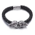 Bracelet pour hommes en cuir tressé noir avec double tête de loup en acier inoxydable - 21cm (KB60372-BD)