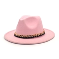 Pink wool felt fedora hat with gold chain and black woven trim on a flat wide brim - M (56-58cm) / Pink