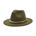 Deep olive green wide brim wool fedora hat featuring a gold chain decorative band - M (56-58cm) / Army Green