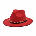 Detail view of the red wide-brim fedora hat with a stylish gold and black chain band - M (56-58cm) / Red