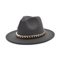 Detail of classic black wool fedora featuring a chunky decorative gold metal chain strap - M (56-58cm) / Dark Gray