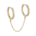 Elegante gouden dubbele oorringen met zirkonia steentjes en een fijne schakelketting - Goud