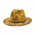 Brown snakeskin print wide brim fedora hat with a decorative gold metal chain link - M (56-58cm) / Yellow
