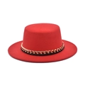 Rode wollen vilten hoed met platte bovenkant en gouden ketting voor dames en heren - M (56-58cm) / Rood