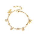 Zweilagiges goldenes Fußkettchen mit Libellen-, Rosen-, Herzanhängern und Zirkonia - Goldenes doppelschichtiges Anhängerarmband