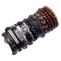 Multilayer vintage leather bracelet set with tree of life and feather metal charms - 12pcs Set