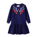 Girls navy blue long-sleeved dress with colorful bird and flower embroidery - 2T / Dark Blue