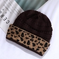 Winter dark brown acrylic knit hat with leopard print cuff and thick thermal texture - One Size / Coffee