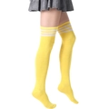 Bright yellow thigh high socks with three white stripes paired with a plaid skirt - L (Height 52cm) / Yellow with White Stripes
