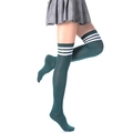 Thigh high dark green dance socks with three white stripes paired with a pleated skirt - L (Height 52cm) / Dark Green with White Stripes