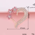 Close-up of heart-shaped alloy brooch with pink petals, rhinestones and size measurements - D259 Flower Heart Gold Pink