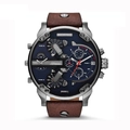 Men's large dial quartz watch with blue honeycomb face and brown leather strap - 7314 Deep Blue Leather Strap