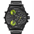 Matte black oversized multi-timezone quartz watch with fluorescent green dial accents - 7311 Black Steel Band