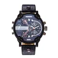 Industrial black four-timezone men's watch with black leather strap and metal case - 7315 Dark Grey Leather Strap