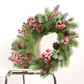 50cm Christmas wreath with red berries, pine cones and eucalyptus on snow needles - PE Red Berry Eucalyptus Wreath (Dense Type) / 50cm