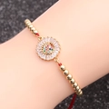 Golden beaded chain bracelet with colorful zircon starburst pendant and red adjustable cord - Red Rope Copper Beads + Heart Style 5