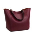 Dark red faux leather tote bag with gold hardware and contrast orange interior lining - Purplish Red