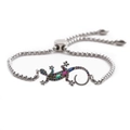 Detail of adjustable silver lizard bracelet with colorful zircon stones and box chain - Gecko Pendant / Silver Stainless Steel Chain
