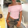 Slim fit pink cowl neck t-shirt for women with button decor and ruched waist - S / Pink