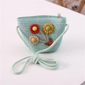 Mint green woven straw crossbody bag for girls with sun flowers and ladybug decoration - Ladybug & Three Flowers Style / Aqua Green
