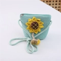 Detail of cute straw crossbody bag for girls with sunflower and green weave texture - Hanging Gourd Style / Aqua Green