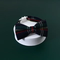 Dettaglio collare per animali a quadri verdi con papillon su supporto circolare bianco - S(17-32cm) / Papillon natalizio verde