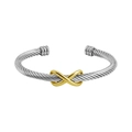 Bicolor Edelstahl-Kabelarmreif mit goldenem Unendlichkeitssymbol und offenem Design - Stahlfarbe