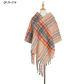 Plaid poncho sweater in beige with red and blue stripes and fringe hem, QPJ9-01 - Beige (DPJ9-01#)