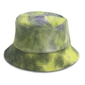 Detailed view of tie-dye corduroy bucket hat with reinforced stitching in green and grey - 58cm / Fine Yellow Stripe