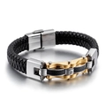 Geflochtenes Herrenarmband aus schwarzem Leder mit gold-silbernem Edelstahlverschluss - Schwarzes Leder Gold-Ton-Stil (KB87225)