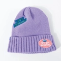Purple knitted beanie with embroidered patches for adults and children in warm fabric - Purple