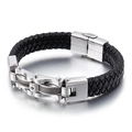 Men's braided leather bracelet with stainless steel hardware and wire rope inlay detail - Steel Color (KB87227)