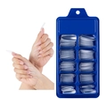 Transparent long coffin press-on nails set in a blue storage box with model display - 100 Pieces / Clear