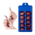 Deep wine red long coffin press on nails shown in a blue storage box and on a hand - 100 Pieces / Burgundy
