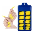 Vibrant yellow long coffin press on nails displayed in a blue organizer box - 100 Pieces / Bright Yellow