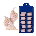 Nude pink coffin press-on nails set with 10-compartment blue storage box - 100 Pieces / Light Khaki