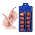 Long coffin press on nails in nude brown shade with storage box and model view - 100 Pieces / Coffee