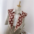 Women's knitted shawl vest in red with beige flower patterns and a stylish V-neck design - Knitted Pointed Floral Wine Red